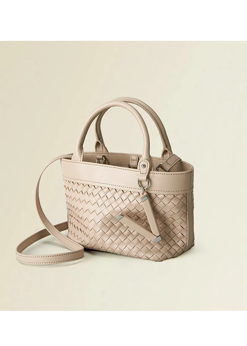 Woven Leather Convertible Tote Crossbody Bag