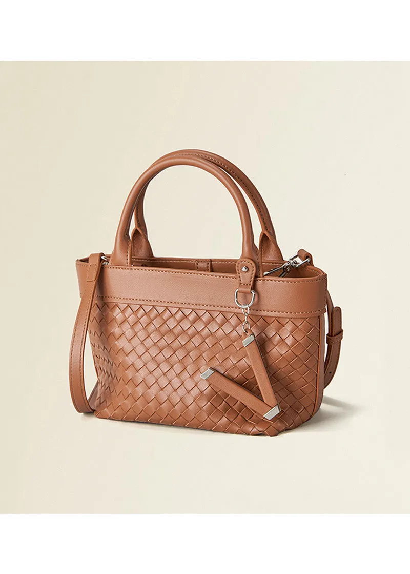 Woven Leather Convertible Tote Crossbody Bag