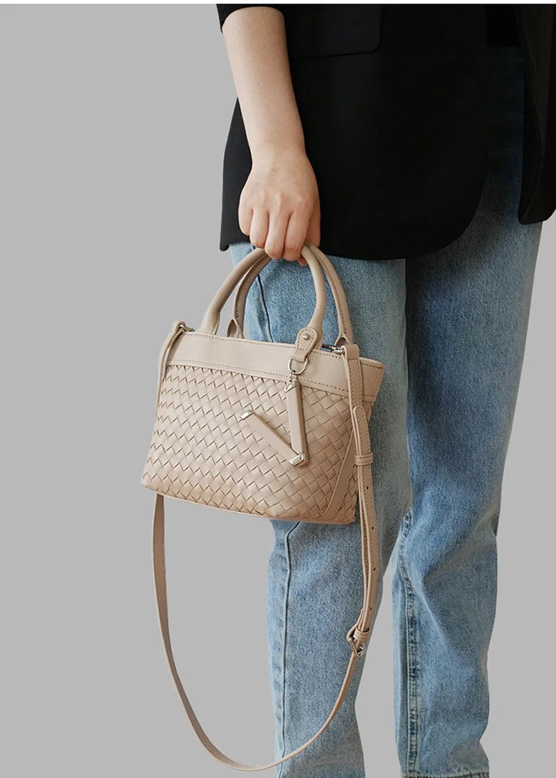 Woven Leather Convertible Tote Crossbody Bag