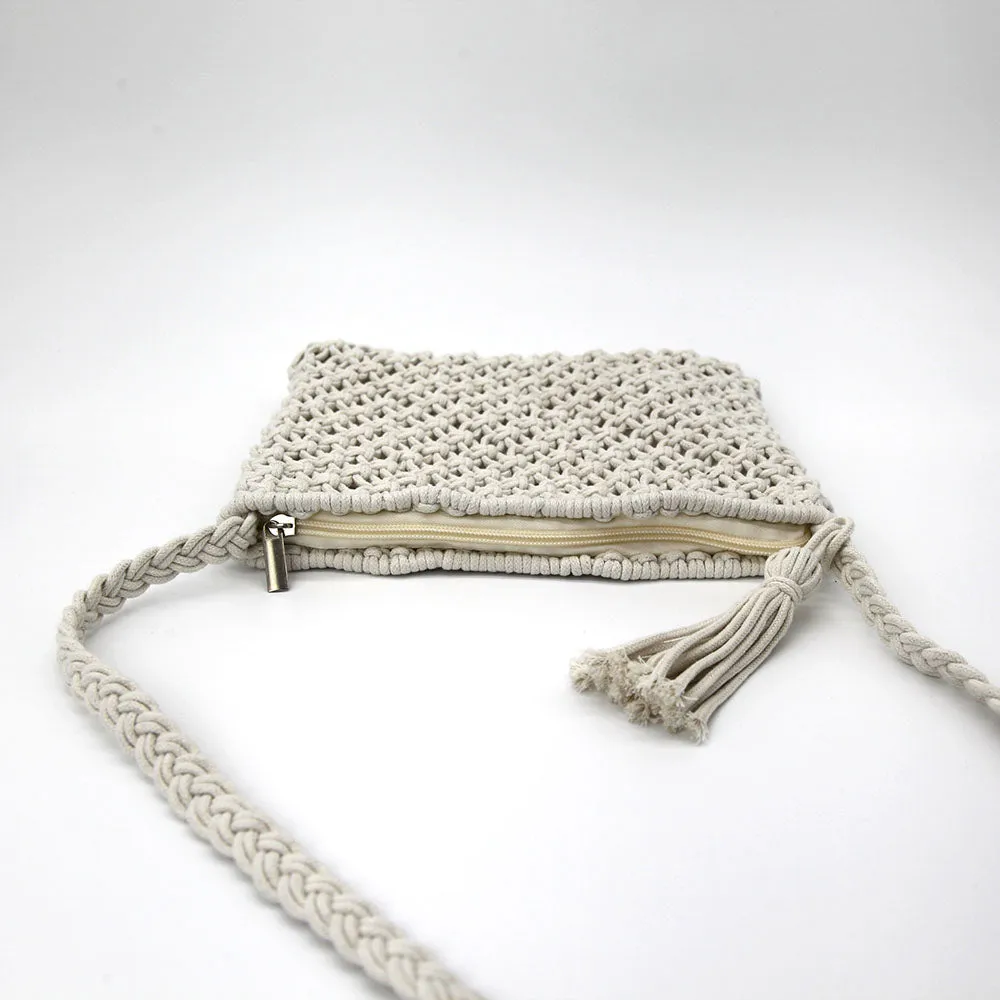 Woven Summer Shoulder Bag with Tassel in White