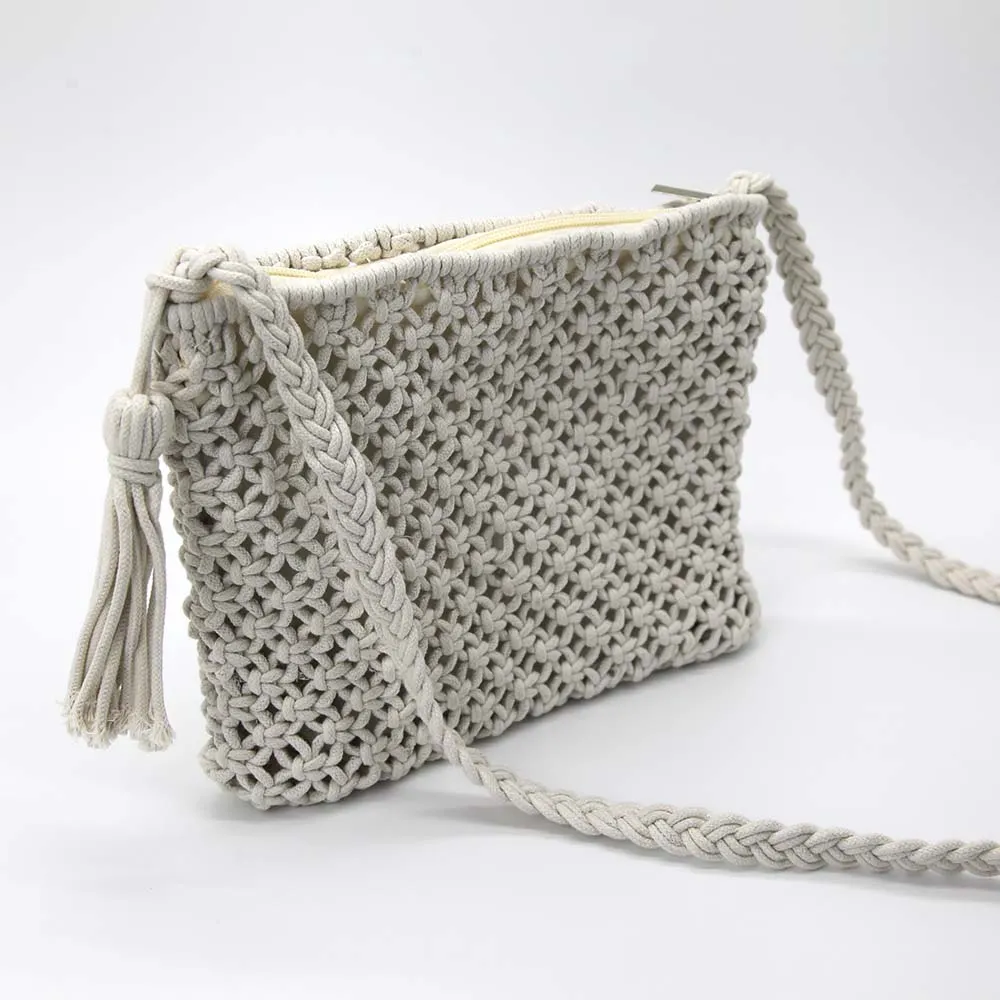 Woven Summer Shoulder Bag with Tassel in White